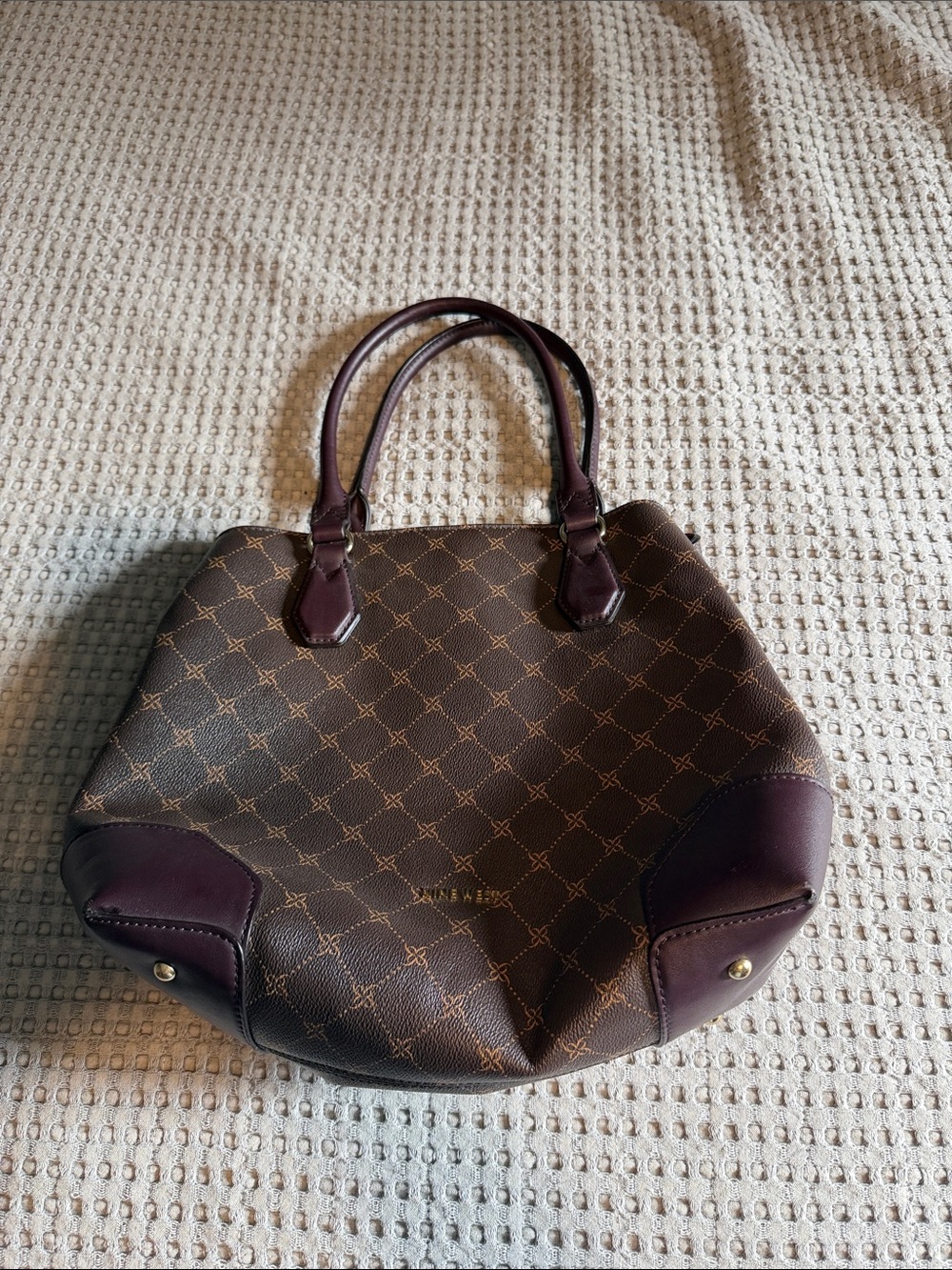 Nine West Brown Patterned Tote Bag with Dark Brown Trim